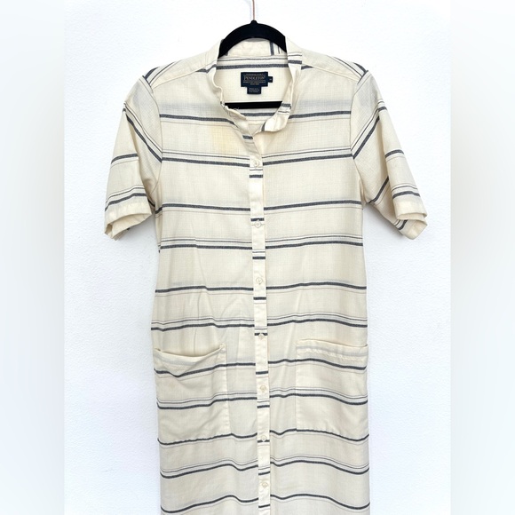 Pendleton Ivory Blue Striped Short Sleeve Wool Button Down Maxi Dress Sz M Belt - Picture 3 of 12